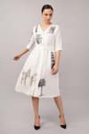 Buy_Abraham And Thakore_Ivory Linen Sequins V-neck Architecture Print Dress _Online_at_Aza_Fashions