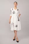 Buy_Abraham And Thakore_Ivory Linen Sequins V-neck Architecture Print Dress _at_Aza_Fashions