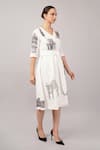 Abraham And Thakore_Ivory Linen Sequins V-neck Architecture Print Dress _at_Aza_Fashions