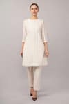 Abraham And Thakore_Ivory Silk, Cotton Round Neck, Split Maheswari Stripe Dress _Online_at_Aza_Fashions