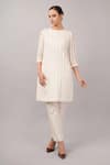 Buy_Abraham And Thakore_Ivory Silk, Cotton Round Neck, Split Maheswari Stripe Dress _at_Aza_Fashions