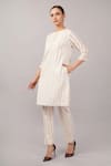 Shop_Abraham And Thakore_Ivory Silk, Cotton Round Neck, Split Maheswari Stripe Dress _Online_at_Aza_Fashions