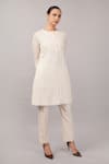 Abraham And Thakore_Ivory Silk, Cotton Round Neck, Split Maheswari Stripe Dress _at_Aza_Fashions