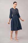 Abraham And Thakore Navy Viscose, Linen V-, Button-down Scallop Dress Online at Aza Fashions Abraham And Thakore_Navy Viscose, Linen V-, Button-down Scallop Dress _Online_at_Aza_Fashions
