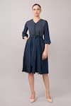 Buy Abraham And Thakore Navy Viscose, Linen V-, Button-down Scallop Dress at Aza Fashions Buy_Abraham And Thakore_Navy Viscose, Linen V-, Button-down Scallop Dress _at_Aza_Fashions