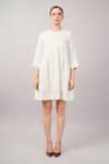 Abraham And Thakore_Ivory Linen, Viscose Round Neck Scallop Dress _Online_at_Aza_Fashions