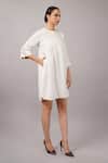 Buy_Abraham And Thakore_Ivory Linen, Viscose Round Neck Scallop Dress _Online_at_Aza_Fashions