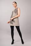Abraham And Thakore_Taupe Linen Applique Round Neck Leaf Dress _Online_at_Aza_Fashions