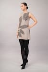 Buy_Abraham And Thakore_Taupe Linen Applique Round Neck Leaf Dress _Online_at_Aza_Fashions