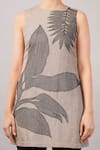 Abraham And Thakore_Taupe Linen Applique Round Neck Leaf Dress _at_Aza_Fashions