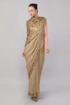 Buy_Abraham And Thakore_Beige Viscose Georgette Sequins, Embroidery Dot Print And Work Saree _at_Aza_Fashions