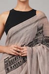Abraham And Thakore_Gray Viscose Georgette Sequins Architecture Print Saree _at_Aza_Fashions