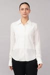 Abraham And Thakore_Ivory Cotton Collared Pleated Stripes Shirt _at_Aza_Fashions