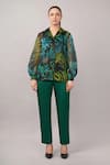Shop Abraham And Thakore Green Organza, Viscose Sequins Collared, V-neck Jungle Shirt Online at Aza Fashions Shop_Abraham And Thakore_Green Organza, Viscose Sequins Collared, V-neck Jungle Shirt _Online_at_Aza_Fashions