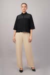 Buy_Abraham And Thakore_Black Linen, Viscose Embroidery, Cut Work Collared Scallop Shirt _at_Aza_Fashions