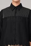 Abraham And Thakore_Black Linen, Viscose Embroidery, Cut Work Collared Scallop Shirt _at_Aza_Fashions