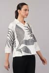 Abraham And Thakore_Ivory Linen Applique Collared, V-neck Leaf Top _Online_at_Aza_Fashions