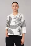 Buy_Abraham And Thakore_Ivory Linen Applique Collared, V-neck Leaf Top _at_Aza_Fashions
