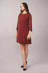 Abraham And Thakore_Maroon Viscose Georgette Sequins, Beads, Embroidery Round Neck Striped Dress _Online_at_Aza_Fashions