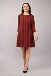 Buy_Abraham And Thakore_Maroon Viscose Georgette Sequins, Beads, Embroidery Round Neck Striped Dress _at_Aza_Fashions
