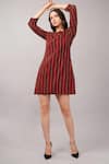 Shop_Abraham And Thakore_Maroon Viscose Georgette Sequins, Beads, Embroidery Round Neck Striped Dress _Online_at_Aza_Fashions