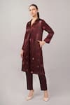 Abraham And Thakore_Burgundy Viscose, Satin Sequins, Beads, Embroidery V-neck Polka Dot Jacket _Online_at_Aza_Fashions