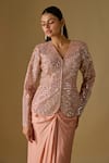 Buy_Asaga_Rose Gold Tulle, Satin Coraqua Abstract Embroidered Jacket And Draped Skirt Set _Online_at_Aza_Fashions