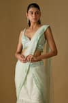 Asaga_White Satin, Tulle Embroidery, Aquaria Abstract Pre-draped Saree With Blouse _Online_at_Aza_Fashions