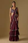 Buy_Asaga_Wine Satin, Tulle, Chinon Sequins, Baylin Pre-draped Saree With Blouse _at_Aza_Fashions