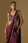 Asaga_Wine Satin, Tulle, Chinon Sequins, Baylin Pre-draped Saree With Blouse _Online_at_Aza_Fashions