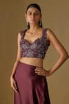 Buy_Asaga_Wine Satin, Tulle, Chinon Sequins, Baylin Pre-draped Saree With Blouse _Online_at_Aza_Fashions