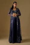 Buy_Asaga_Navy Tulle, Satin Mirrors, Embroidery, Beads Open Brook Work Jacket Sharara Set _at_Aza_Fashions