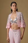 Asaga Pink Satin Embroidery, Mirrors, Tassels V-, Open Kai Cape Sharara Set Online at Aza Fashions Asaga_Pink Satin Embroidery, Mirrors, Tassels V-, Open Kai Cape Sharara Set _Online_at_Aza_Fashions