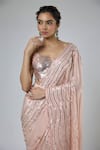 Shop Masumi Mewawalla Peach Bemberg, Georgette, Satin, Wavy Pattern Pre-draped Saree With Blouse Online at Aza Fashions Shop_Masumi Mewawalla_Peach Bemberg, Georgette, Satin, Wavy Pattern Pre-draped Saree With Blouse _Online_at_Aza_Fashions