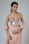 Masumi Mewawalla Peach Bemberg, Georgette, Satin, Wavy Pattern Pre-draped Saree With Blouse at Aza Fashions Masumi Mewawalla_Peach Bemberg, Georgette, Satin, Wavy Pattern Pre-draped Saree With Blouse _at_Aza_Fashions