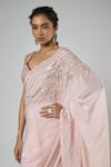 Masumi Mewawalla Peach Crepe, Silk Sequins, Embroidery Resham Pre-draped Saree And Blouse Set at Aza Fashions Masumi Mewawalla_Peach Crepe, Silk Sequins, Embroidery Resham Pre-draped Saree And Blouse Set _at_Aza_Fashions