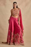 Shop Kalista Pink Viscose, Silk Embroidery, Sequins, Raiba Geometric Blouse Sharara Set Shop_Kalista_Pink Viscose, Silk Embroidery, Sequins, Raiba Geometric Blouse Sharara Set