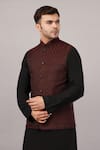 Buy Abraham And Thakore Maroon Silk Tanchoi Jali Bundi at Aza Fashions Buy_Abraham And Thakore_Maroon Silk Tanchoi Jali Bundi _at_Aza_Fashions