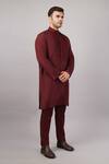 Abraham And Thakore_Maroon Linen Cut Work Yoke Kurta _Online_at_Aza_Fashions