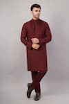 Buy_Abraham And Thakore_Maroon Linen Cut Work Yoke Kurta _at_Aza_Fashions
