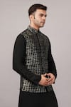 Abraham And Thakore_Black Silk, Cotton Lattice Brocade Bundi _Online_at_Aza_Fashions