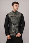 Buy_Abraham And Thakore_Black Silk, Cotton Lattice Brocade Bundi _at_Aza_Fashions
