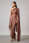 NA-KA Brown Satin One Shoulder, Cowl Neck Pleated Gown Online at Aza Fashions NA-KA_Brown Satin One Shoulder, Cowl Neck Pleated Gown _Online_at_Aza_Fashions