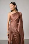 Buy NA-KA Brown Satin One Shoulder, Cowl Neck Pleated Gown Online at Aza Fashions Buy_NA-KA_Brown Satin One Shoulder, Cowl Neck Pleated Gown _Online_at_Aza_Fashions