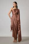 Buy NA-KA Brown Satin One Shoulder, Cowl Neck Pleated Gown at Aza Fashions Buy_NA-KA_Brown Satin One Shoulder, Cowl Neck Pleated Gown _at_Aza_Fashions