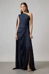 Buy NA-KA Blue Georgette One Shoulder Gathered Gown at Aza Fashions Buy_NA-KA_Blue Georgette One Shoulder Gathered Gown _at_Aza_Fashions
