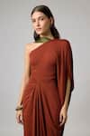 Buy NA-KA Orange Crepe, Satin One Shoulder Draped Gown With Detachable Sash Online at Aza Fashions Buy_NA-KA_Orange Crepe, Satin One Shoulder Draped Gown With Detachable Sash _Online_at_Aza_Fashions