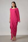 NA-KA Fuchsia Georgette Round Neck Asymmetric Sleeve Pleated Cowl Gown Online at Aza Fashions NA-KA_Fuchsia Georgette Round Neck Asymmetric Sleeve Pleated Cowl Gown _Online_at_Aza_Fashions