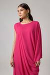 Buy NA-KA Fuchsia Georgette Round Neck Asymmetric Sleeve Pleated Cowl Gown Online at Aza Fashions Buy_NA-KA_Fuchsia Georgette Round Neck Asymmetric Sleeve Pleated Cowl Gown _Online_at_Aza_Fashions
