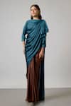 Buy_NA-KA_Teal Satin Boat Neck Draped Top And Pleated Skirt Set _at_Aza_Fashions